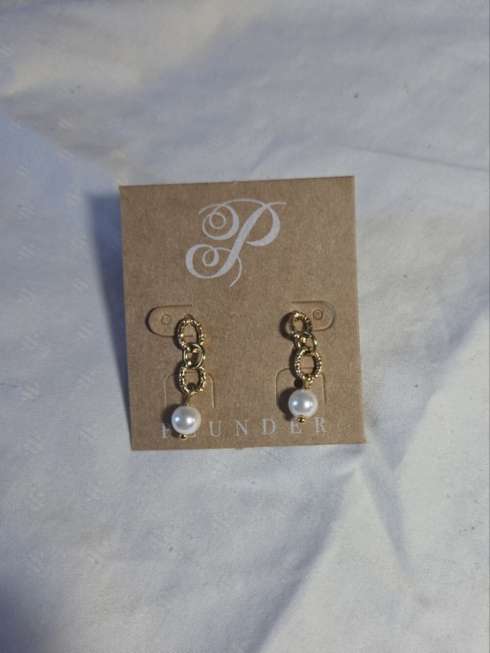 Plunder Gold Chain Link Earrings with White Pearl Drops